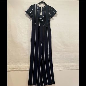 Navy and white striped wide flare leg jumpsuit with sleeves